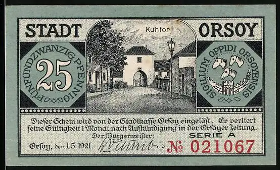 Notgeld Orsoy 1921, 25 Pfennig, Kuhtor, Panorama mit Kirche, Dampfer auf dem Rhein