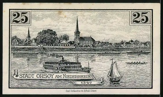 Notgeld Orsoy 1921, 25 Pfennig, Kuhtor, Panorama mit Kirche, Dampfer auf dem Rhein