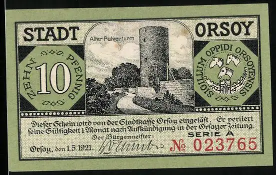 Notgeld Orsoy 1921, 10 Pfennig, Alter Pulverturm, Panorama mit Kirche, Dampfer auf dem Rhein