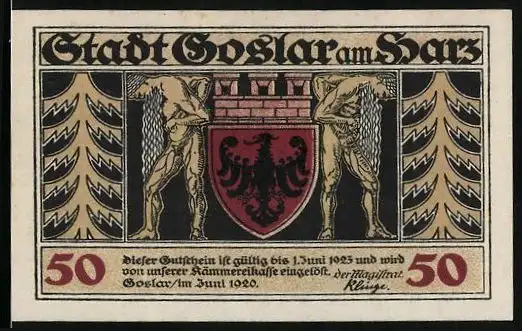 Notgeld Goslar 1920, 50 Pfennig, Wappen und Fachwerkhaus