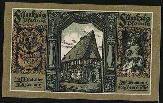 Notgeld Goslar 1920, 50 Pfennig, Wappen und Fachwerkhaus