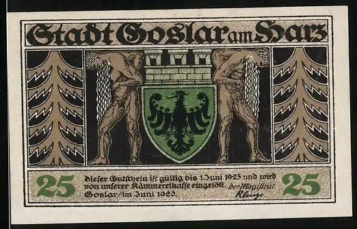 Notgeld Goslar 1920, 25 Pfennig, Wappen, Ortspartie mit Kirche