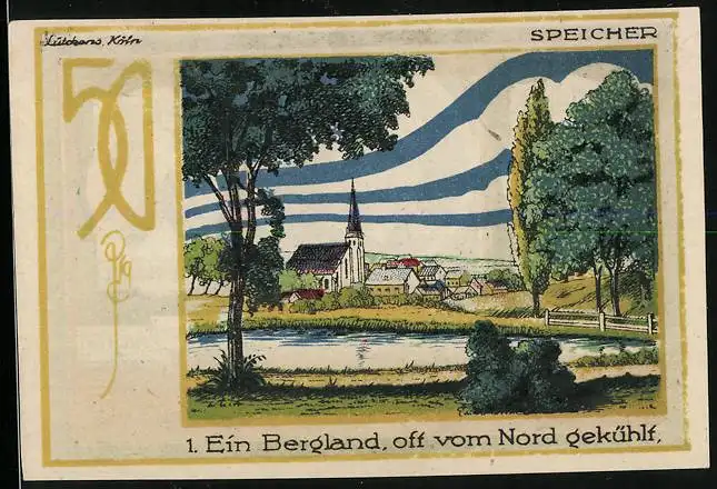Notgeld Speicher / Eifel 1921, Ortsansicht mit Kirche, Eifelvater Dr. Dronke