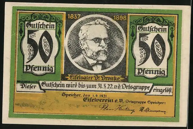 Notgeld Speicher / Eifel 1921, Ortsansicht mit Kirche, Eifelvater Dr. Dronke