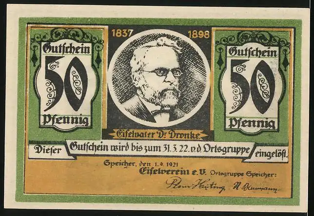 Notgeld Speicher / Eifel 1921, 50 Pfennig, Kyllburg, Eifelvater Dr. Dronke