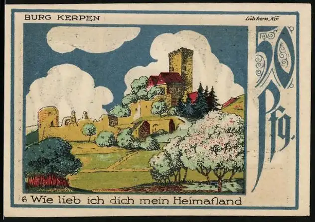 Notgeld Speicher / Eifel 1921, 50 Pfennig, Burg Kerpen, Eifelvater Dr. Dronke