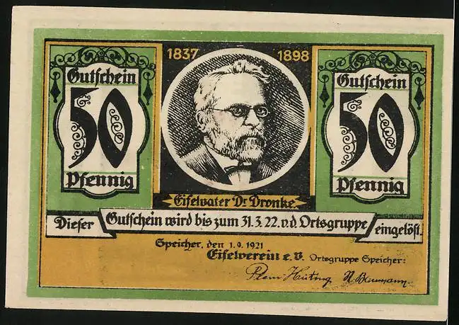 Notgeld Speicher / Eifel 1921, 50 Pfennig, Burg Kerpen, Eifelvater Dr. Dronke