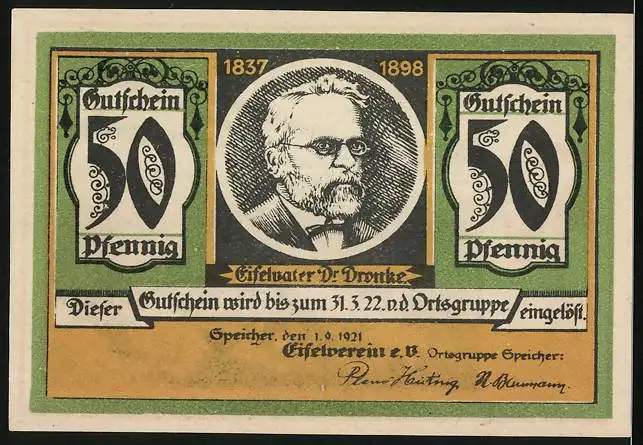 Notgeld Speicher / Eifel 1921, 50 Pfennig, Bollendorf, Eifelvater Dr. Dronke