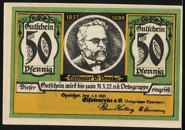 Notgeld Speicher / Eifel 1921, 50 Pfennig, Neuerburg, Eifelvater Dr. Dronke