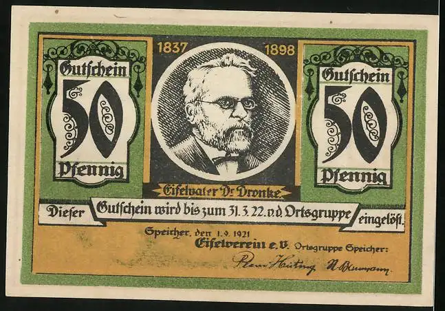 Notgeld Speicher / Eifel 1921, 50 Pfennig, Bollendorf, Eifelvater Dr. Dronke