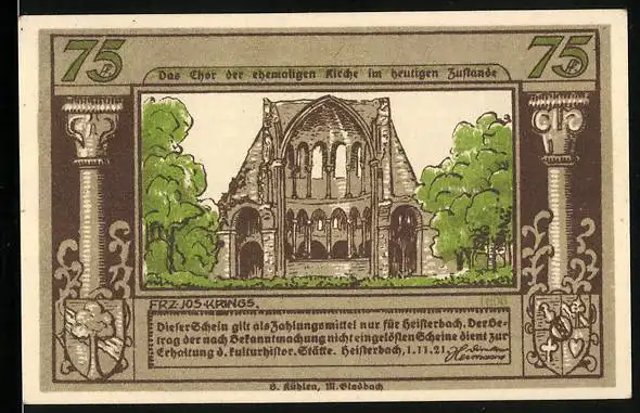 Notgeld Heisterbach / Siebengebirge 1921, 75 Pfennig, Chor der ehemaligen Kirche, Mönch zu Heisterbach