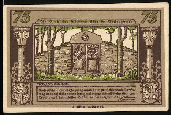 Notgeld Heisterbach / Siebengebirge 1921, 75 Pfennig, Gruft der früheren Abte im Klostergarten, Mönch zu Heisterbach