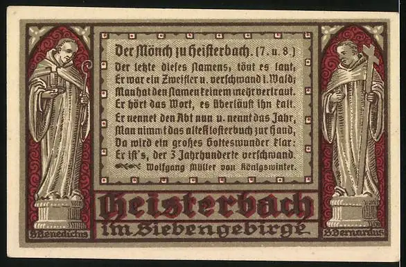 Notgeld Heisterbach / Siebengebirge 1921, 75 Pfennig, Gruft der früheren Abte im Klostergarten, Mönch zu Heisterbach