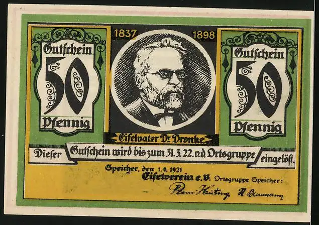 Notgeld Speicher / Eifel 1921, 50 Pfennig, Ortsansicht mit Neuerburg, Eifelvater Dr. Dronke