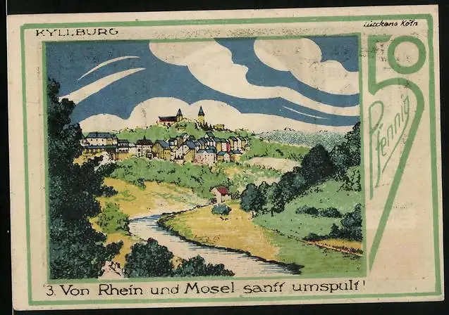 Notgeld Speicher / Eifel 1921, 50 Pfennig, Ortsansicht mit Kyllburg, Eifelvater Dr. Dronke