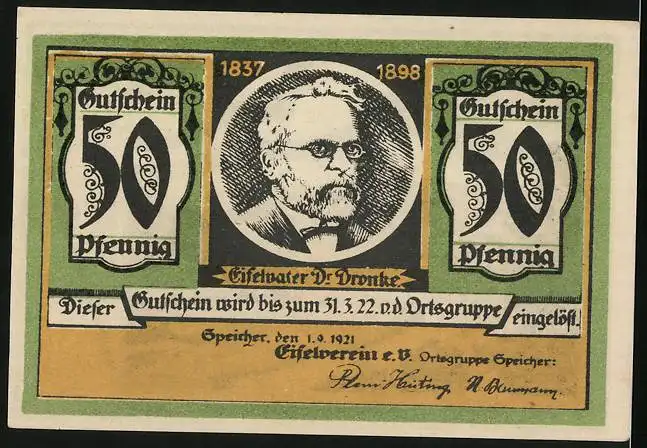 Notgeld Speicher / Eifel 1921, 50 Pfennig, Ortsansicht mit Kyllburg, Eifelvater Dr. Dronke