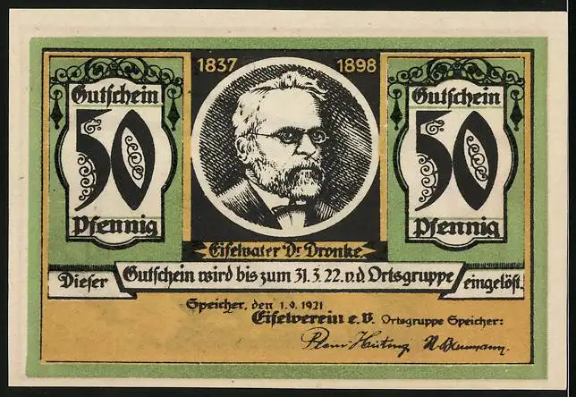Notgeld Speicher / Eifel 1921, 50 Pfennig, Ortsansicht Bollendorf mit Kirche, Eifelvater Dr. Dronke