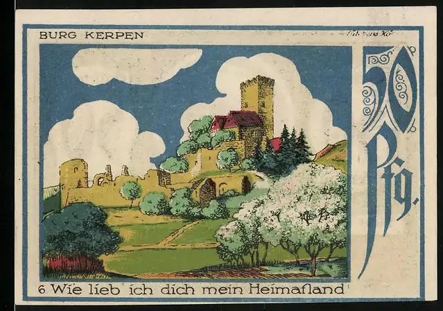Notgeld Speicher / Eifel 1921, 50 Pfennig, Burg Kerben, Eifelvater Dr. Dronke