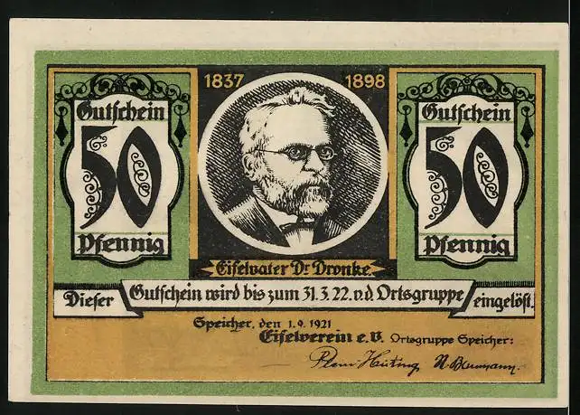 Notgeld Speicher / Eifel 1921, 50 Pfennig, Burg Kerben, Eifelvater Dr. Dronke