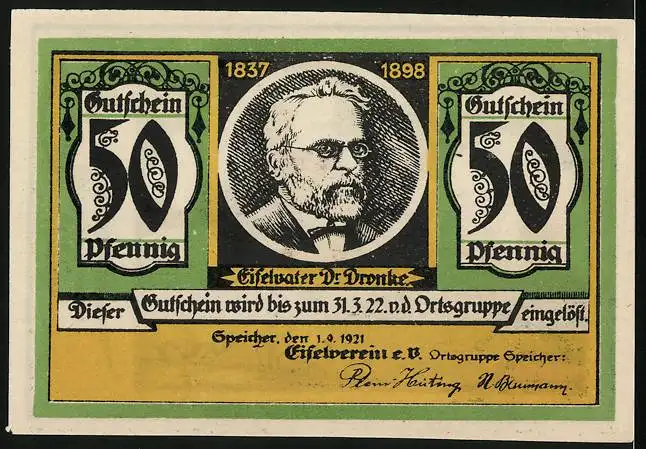 Notgeld Speicher / Eifel 1921, 50 Pfennig, Burg Kerpen, Eifelvater Dr. Dronke