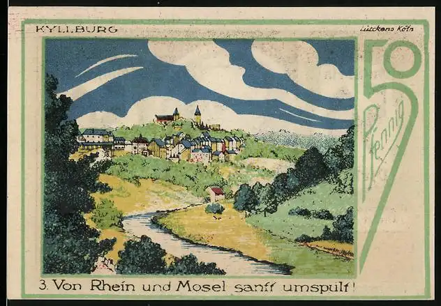 Notgeld Speicher / Eifel 1921, 50 Pfennig, Ortsansicht mit Kyllburg, Eifelvater Dr. Dronke