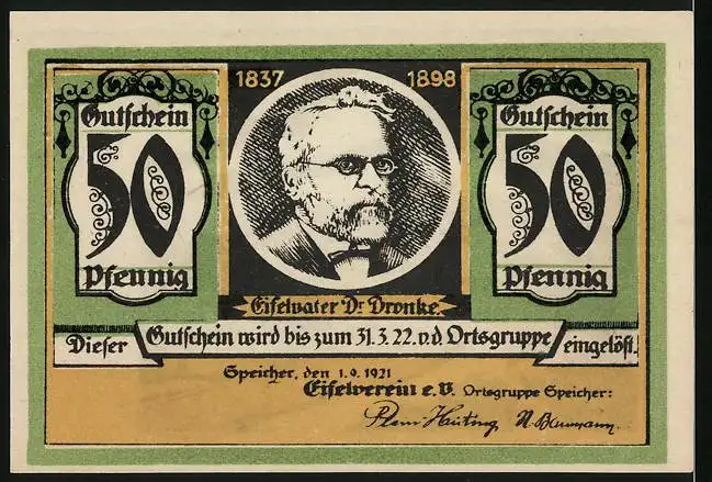 Notgeld Speicher / Eifel 1921, 50 Pfennig, Ortsansicht mit Kyllburg, Eifelvater Dr. Dronke