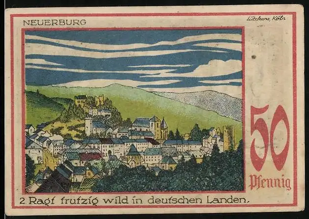 Notgeld Speicher / Eifel 1921, 50 Pfennig, Ortsansicht und Neuerburg, Eifelvater Dr. Dronke
