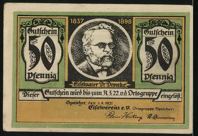 Notgeld Speicher / Eifel 1921, 50 Pfennig, Ortsansicht und Neuerburg, Eifelvater Dr. Dronke