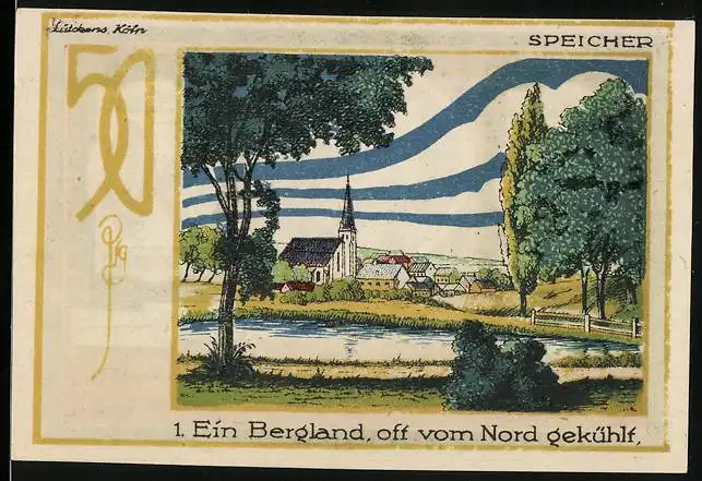 Notgeld Speicher / Eifel 1921, 50 Pfennig, Ortsansicht mit Kirche, Eifelvater Dr. Dronke