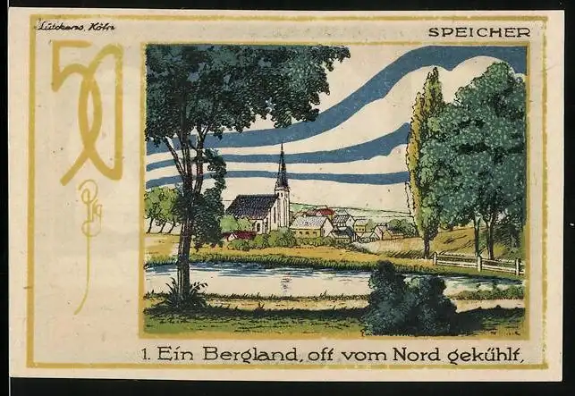 Notgeld Speicher / Eifel 1921, 50 Pfennig, Ortsansicht mit Kirche, Eifelvater Dr. Dronke