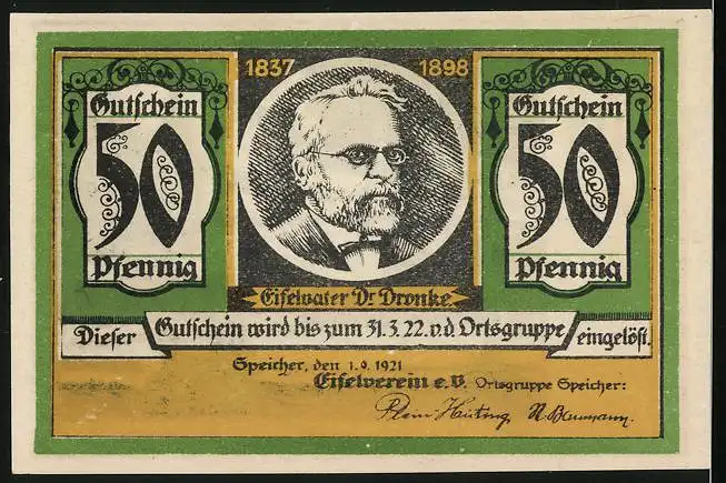 Notgeld Speicher / Eifel 1921, 50 Pfennig, Ortsansicht mit Kirche, Eifelvater Dr. Dronke