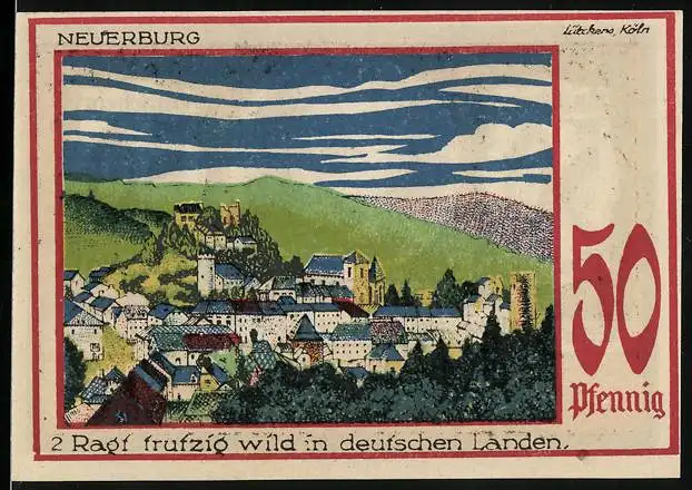 Notgeld Speicher / Eifel 1921, 50 Pfennig, Neuerburg aus der Vogelschau, Eifelvater Dr. Dronke