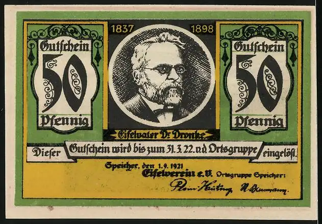 Notgeld Speicher / Eifel 1921, 50 Pfennig, Neuerburg aus der Vogelschau, Eifelvater Dr. Dronke