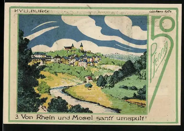 Notgeld Speicher / Eifel 1921, 50 Pfennig, Blick zur Kyllburg, Eifelvater Dr. Dronke