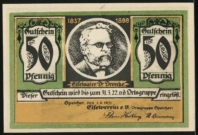 Notgeld Speicher / Eifel 1921, 50 Pfennig, Blick zur Kyllburg, Eifelvater Dr. Dronke