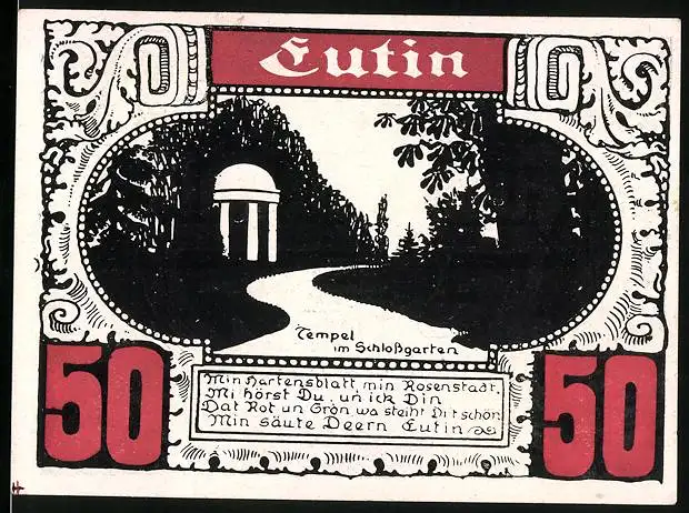 Notgeld Eutin, 50 Pfennig, Tempel im Schlossgarten, Landkarte mit Plön, Lütjenburg und Scharbeutz