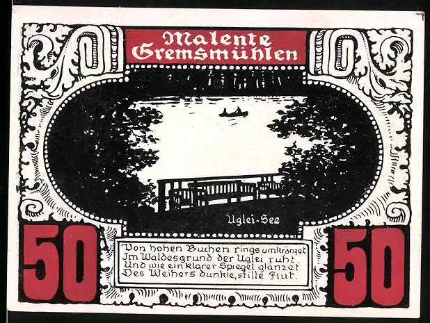 Notgeld Malente-Gremsmühlen, 50 Pfennig, Uglei-See, Landkarte mit Plön, Lütjenburg und Eutin