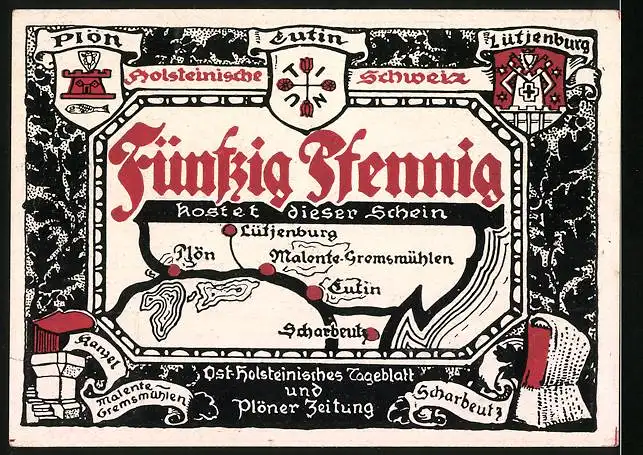 Notgeld Plön, 50 Pfennig, Siebenstern, Landkarte mit Lütjenburg, Scharbeutz und Malente