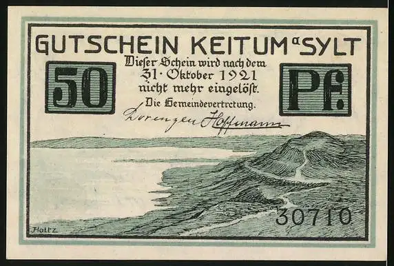 Notgeld Keitum / Sylt 1921, 50 Pfennig, Reetdachhaus und Kirche, Strandpartie