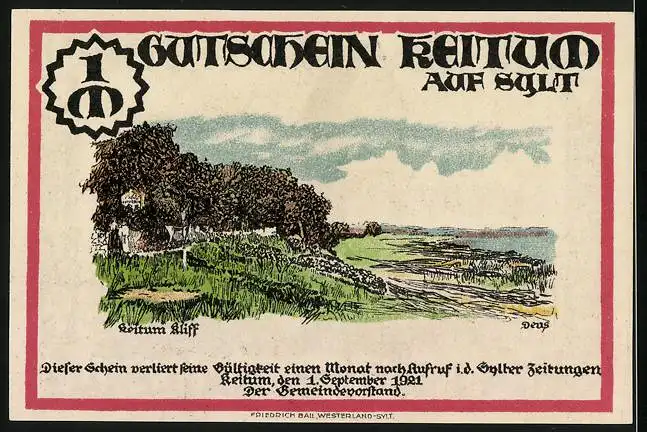 Notgeld Keitum / Sylt 1921, 1 Mark, Kirche und Kliff in Keitum