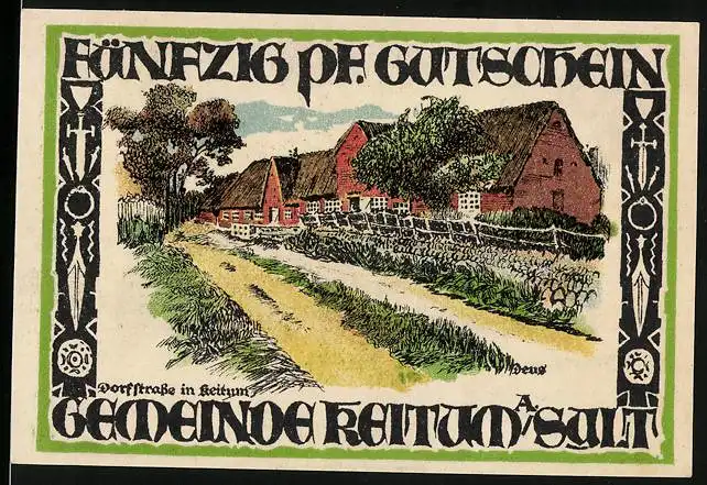 Notgeld Keitum / Sylt 1921, 50 Pfennig, Dorfstrasse und Bauerngehöft