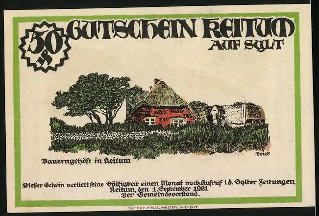 Notgeld Keitum / Sylt 1921, 50 Pfennig, Dorfstrasse und Bauerngehöft