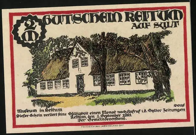 Notgeld Keitum / Sylt 1921, 2 Mark, Altes Friesenhaus und Museum