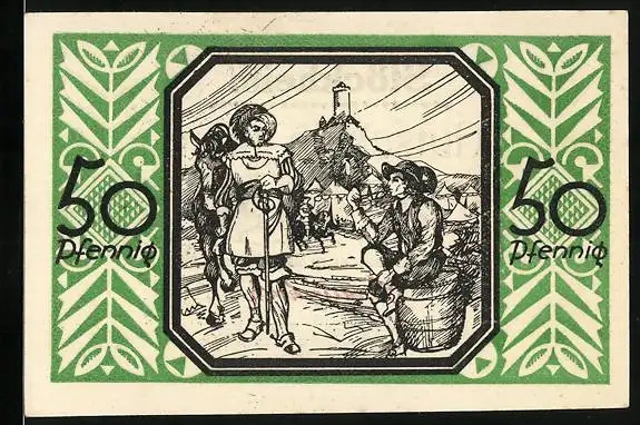 Notgeld Stöckheim 1922, 50 Pfennig, Mann sitzt auf einem Fass und spricht zu einem Mann mit Pferd