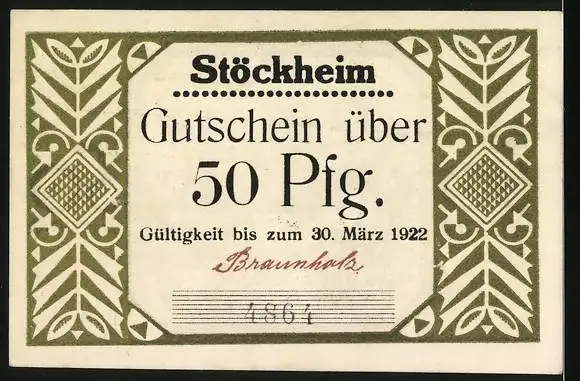 Notgeld Stöckheim 1922, 50 Pfennig, Mann sitzt auf einem Fass und spricht zu einem Mann mit Pferd