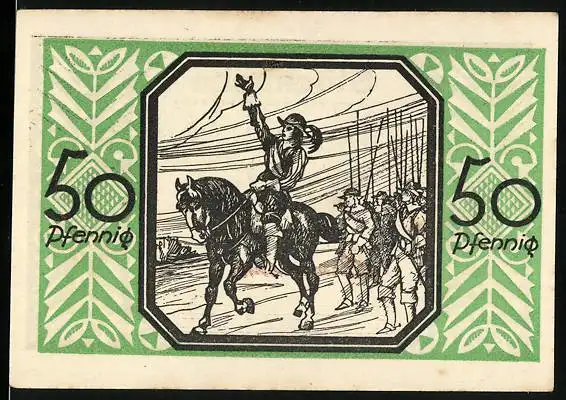 Notgeld Stöckheim 1922, 50 Pfennig, Reiter führt eine Gruppe Soldaten an