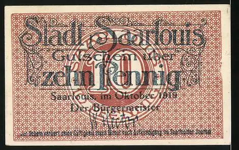 Notgeld Saarlouis 1919, 10 Pfennig, Wappen und Signatur