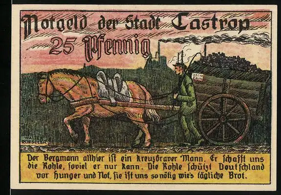 Notgeld Castrop 1921, 25 Pfennig, Bergmann transportiert Kohlen mit dem Fuhrwerk, Wappen