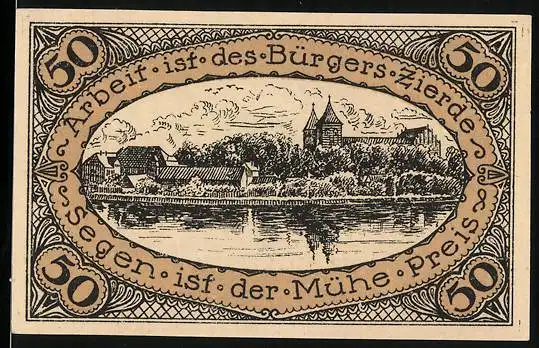 Notgeld Neidenburg 1920, 50 Pfennig, Panorama der Stadt, Wappen