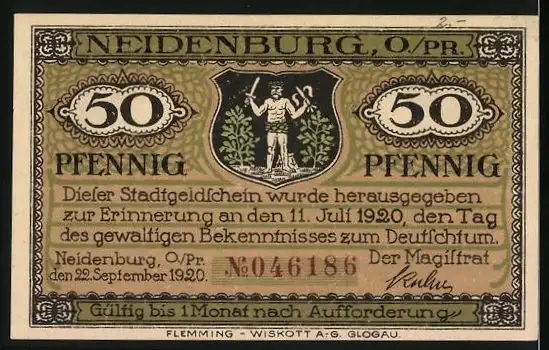 Notgeld Neidenburg 1920, 50 Pfennig, Panorama der Stadt, Wappen